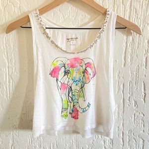 Arizona Jean Co White Muscle Crop Tank Top Rainbow Elephant Print Size Small